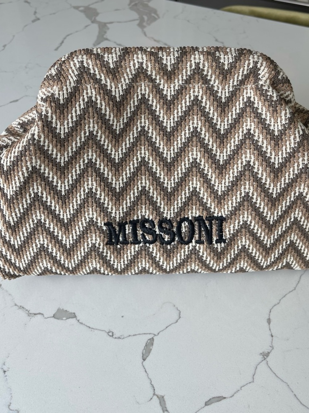 M  Chevron Knit Cosmetic Pouch in Brown and Cream